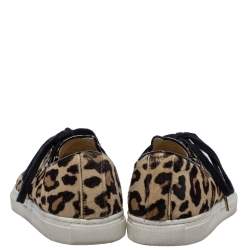 Charlotte Olympia Beige Leopard Print Pony Hair Purrfect Low Top Sneakers Size 37