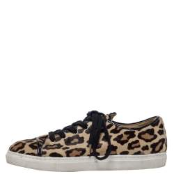 Charlotte Olympia Beige Leopard Print Pony Hair Purrfect Low Top Sneakers Size 37