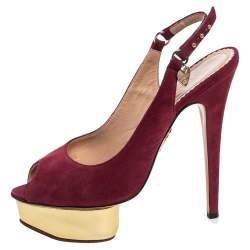 Charlotte Olympia Maroon Suede Slingback Peep Toe Platform Pumps Size 38