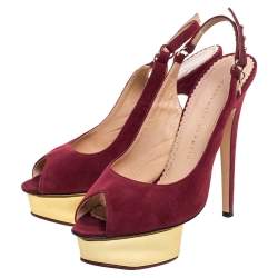 Charlotte Olympia Maroon Suede Slingback Peep Toe Platform Pumps Size 38
