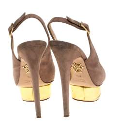 Charlotte Olympia Beige Suede Slingback Peep Toe Platform Sandals Size 37.5
