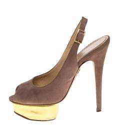 Charlotte Olympia Beige Suede Slingback Peep Toe Platform Sandals Size 37.5