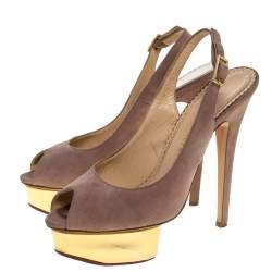 Charlotte Olympia Beige Suede Slingback Peep Toe Platform Sandals Size 37.5