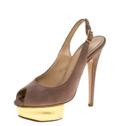 Charlotte Olympia Beige Suede Slingback Peep Toe Platform Sandals Size 37.5