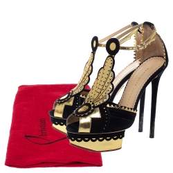 Pre Owned صندل شارلوت أوليمبيا صن صيت جلد ذهبي/أسود ميتاليك وسويدي بحزام للكاحل نعل سميك مقاس 36