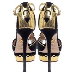 Pre Owned صندل شارلوت أوليمبيا صن صيت جلد ذهبي/أسود ميتاليك وسويدي بحزام للكاحل نعل سميك مقاس 36