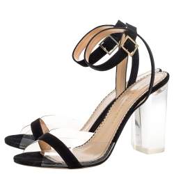 Pre Owned Charlotte Olympia Black Suede And PVC Block Heel Ankle Strap Sandals Size 41