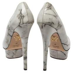 Charlotte Olympia White/Grey Marble-Print Leather Dolly Platform Pumps Size 37