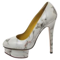 Charlotte Olympia White/Grey Marble-Print Leather Dolly Platform Pumps Size 37