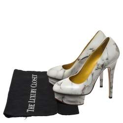 Charlotte Olympia White/Grey Marble-Print Leather Dolly Platform Pumps Size 37