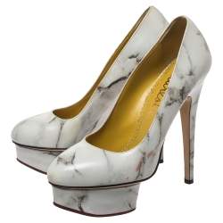 Charlotte Olympia White/Grey Marble-Print Leather Dolly Platform Pumps Size 37