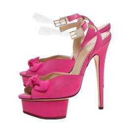 Pre Owned Charlotte Olympia Pink Satin Serena Bow Ankle Strap Platform Sandals Size 36.5