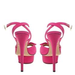 Pre Owned Charlotte Olympia Pink Satin Serena Bow Ankle Strap Platform Sandals Size 36.5
