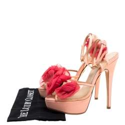 Pre Owned Charlotte Olympia Peach/Pink Satin and Mesh Pomeline Rose Peep Toe Platform Sandals Size 36