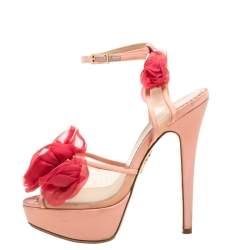 Pre Owned Charlotte Olympia Peach/Pink Satin and Mesh Pomeline Rose Peep Toe Platform Sandals Size 36
