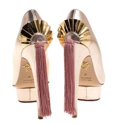 مملوكة مسبقًا حذاء كعب عالي شارلوت اوليمبيا ستارلا بكعب أمامي مزين بشراشيب ساتان أسود مقاس 37