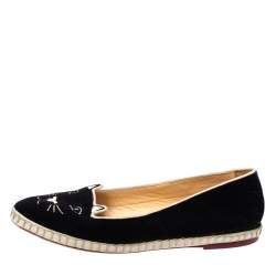 Pre Owned Charlotte Olympia Black Velvet Kitty Slip On Loafers Size 40