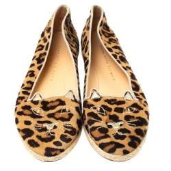 Pre Owned Charlotte Olympia Brown Animal Print Calf Hair Kitty Slip On Loafers Size 40