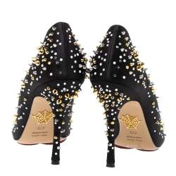 Pre Owned Charlotte Olympia Black Satin Studded Pointed Toe Pumps Size 40.5