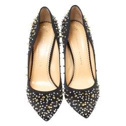 Pre Owned Charlotte Olympia Black Satin Studded Pointed Toe Pumps Size 40.5