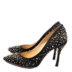 Pre Owned Charlotte Olympia Black Satin Studded Pointed Toe Pumps Size 40.5