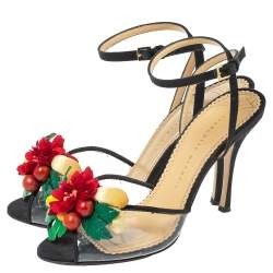Charlotte Olympia Black Canvas Trims And PVC Tropicana Ankle Strap Sandals Size 40