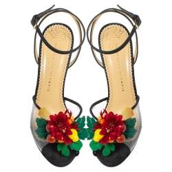 Charlotte Olympia Black Canvas Trims And PVC Tropicana Ankle Strap Sandals Size 40