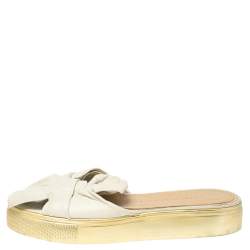 Pre Owned Charlotte Olympia White Leather Knotted Bow Slides Size 36