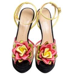 Charlotte Olympia Multicolor Satin And Mesh Flower Open Toe Platform Ankle Strap Sandals Size 40.5