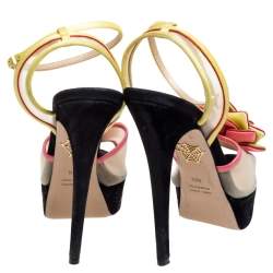 Charlotte Olympia Multicolor Satin And Mesh Flower Open Toe Platform Ankle Strap Sandals Size 40.5
