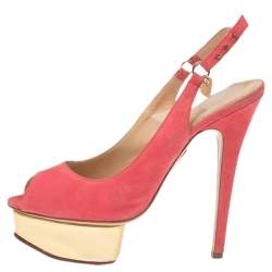 Charlotte Olympia Pink Suede Slingback Peep Toe Platform Sandals Size 37.5