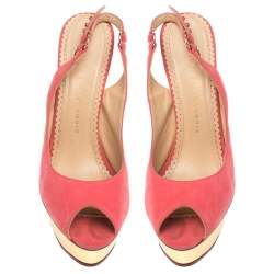 Charlotte Olympia Pink Suede Slingback Peep Toe Platform Sandals Size 37.5