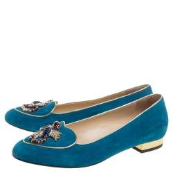 Pre Owned Charlotte Olympia Blue Suede Scorpio Smoking Slippers Size 37.5