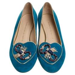 Pre Owned Charlotte Olympia Blue Suede Scorpio Smoking Slippers Size 37.5