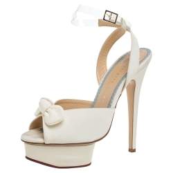 Charlotte Olympia Cream Satin Serena Bow Ankle Strap Platform Sandals Size 37