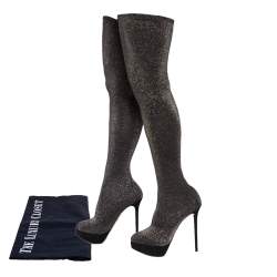 Pre Owned Charlotte Olympia Black Shimmer Jersey More Is More Thigh High Platform Boots Size 40.5
