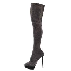 Pre Owned Charlotte Olympia Black Shimmer Jersey More Is More Thigh High Platform Boots Size 40.5