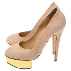 Pre Owned Charlotte Olympia Light Beige Suede Dolly Platform Pump Size 35.5