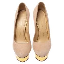 Pre Owned Charlotte Olympia Light Beige Suede Dolly Platform Pump Size 35.5