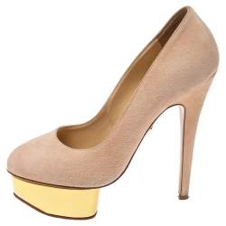 Pre Owned Charlotte Olympia Light Beige Suede Dolly Platform Pump Size 35.5