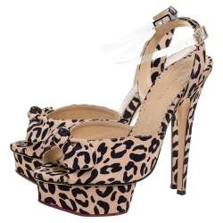 Charlotte Olympia Beige Leopard Print Satin Serena Bow Ankle Strap Platform Sandals Size 38.5