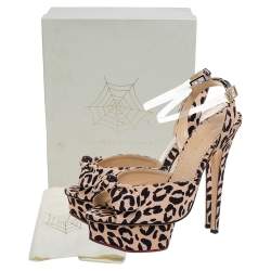 Charlotte Olympia Beige Leopard Print Satin Serena Bow Ankle Strap Platform Sandals Size 38.5