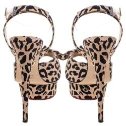 Charlotte Olympia Beige Leopard Print Satin Serena Bow Ankle Strap Platform Sandals Size 38.5