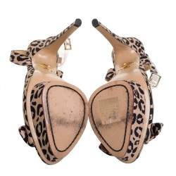 Charlotte Olympia Beige Leopard Print Satin Serena Bow Ankle Strap Platform Sandals Size 38.5