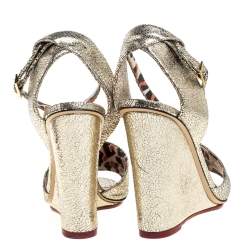 Pre Owned Charlotte Olympia Metallic Gold Crackled Leather Mischievous Wedge Sandals Size 38