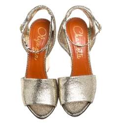 Pre Owned Charlotte Olympia Metallic Gold Crackled Leather Mischievous Wedge Sandals Size 38