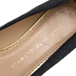 Pre Owned Charlotte Olympia Black Canvas Kitty Ballet Flats Size 36.5
