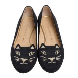 Pre Owned Charlotte Olympia Black Canvas Kitty Ballet Flats Size 36.5