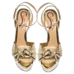 Charlotte Olympia Gold Lame Fabric Vreeland Platform Sandals Size 38