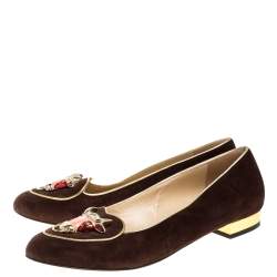 Charlotte Olympia Brown Suede Bull Smoking Slippers Size 40